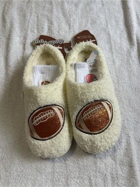 Cream Fuzzy Slippers with Glitter Football Patch